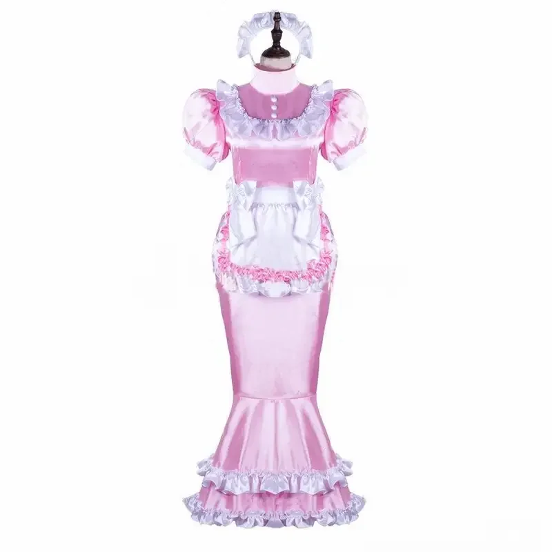 Sexy girl maid sippy standing pink satin fishtail dress cosplay costume tailored