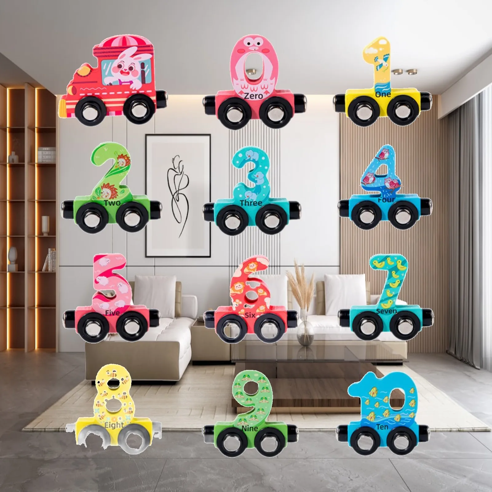 Learning Wooden Number Train Toy Set with Magnetized Cars for Kids Educational Children Play