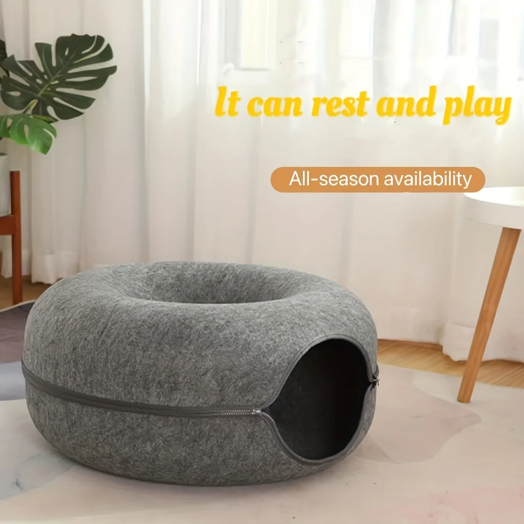 1pc Felt Tunnel Cat Nest with Kitten Window, Cat Donut Tunnel, Detachable Round Cat Bed, All-season  Washable Dog Beds  Kitten