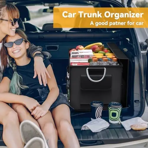 

50L Car Trunk Organizer with Lid - Collapsible SUV Storage Bin for Groceries, Shoes, Cargo - 4 Pockets