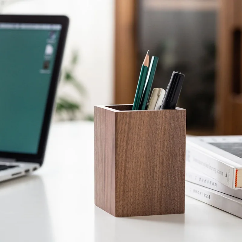 Black Walnut Wood Desk Pen Holder Writing Stationary Organizer Wooden Cosmetic Storage Box Office and School Supplies