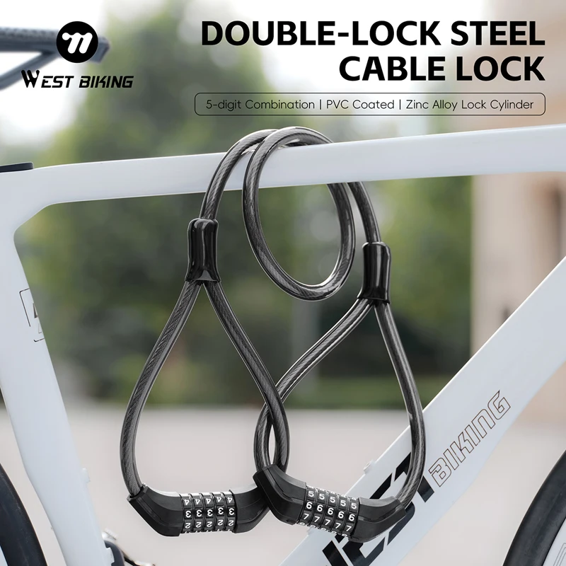 

WEST BIKING Bicycle Anti Theft Lock Double-headed Password Steel Cable Lock 5 Digit Password Scooter Bike Lock Bike Accessories
