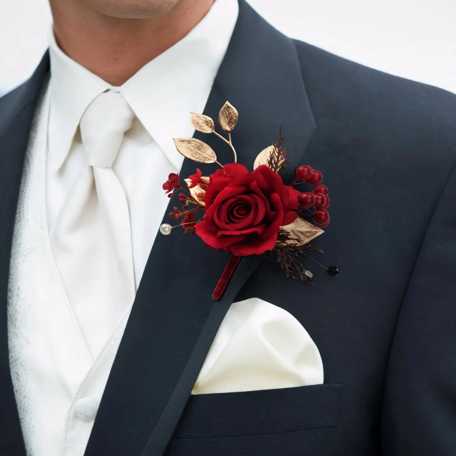 Uflower Red Boutonnieres Flowers Artificial Roses Silk Flowers Corsage Buttonhole Groomsmen Men Wedding Ceremony Accessories