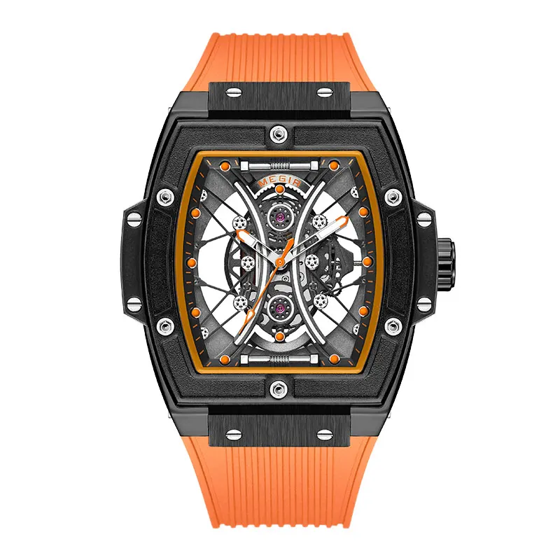 MEGIR Fashion Analog Quartz Watch Men Tonneau Dial Waterproof Military Sport Wristwatch with Luminous Hands Orange Silicone Band