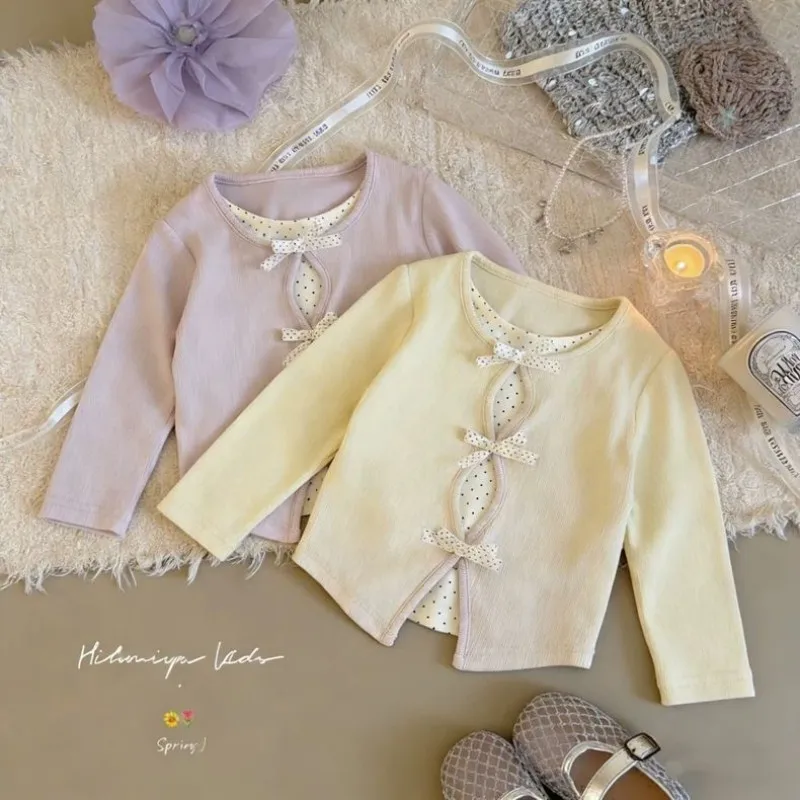 Girl Long Sleeve T-shirt Spring and Autumn New Style Children's Sweet Wave Point Sweet Bow Top