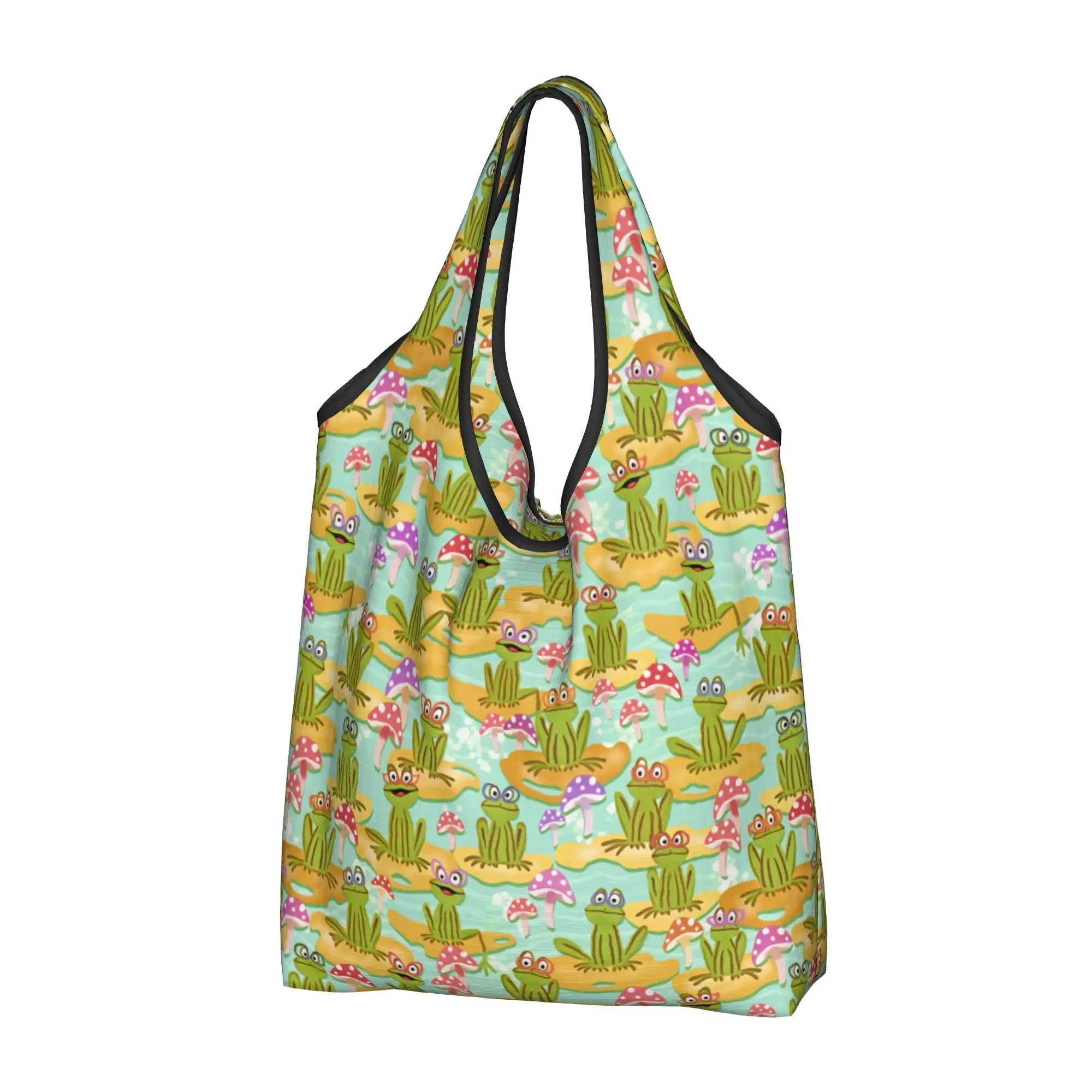 Recycling Frogs in Glasses Shopping Bag Women Tote Bag Portable Animal Lover  Groceries Shopper Bags