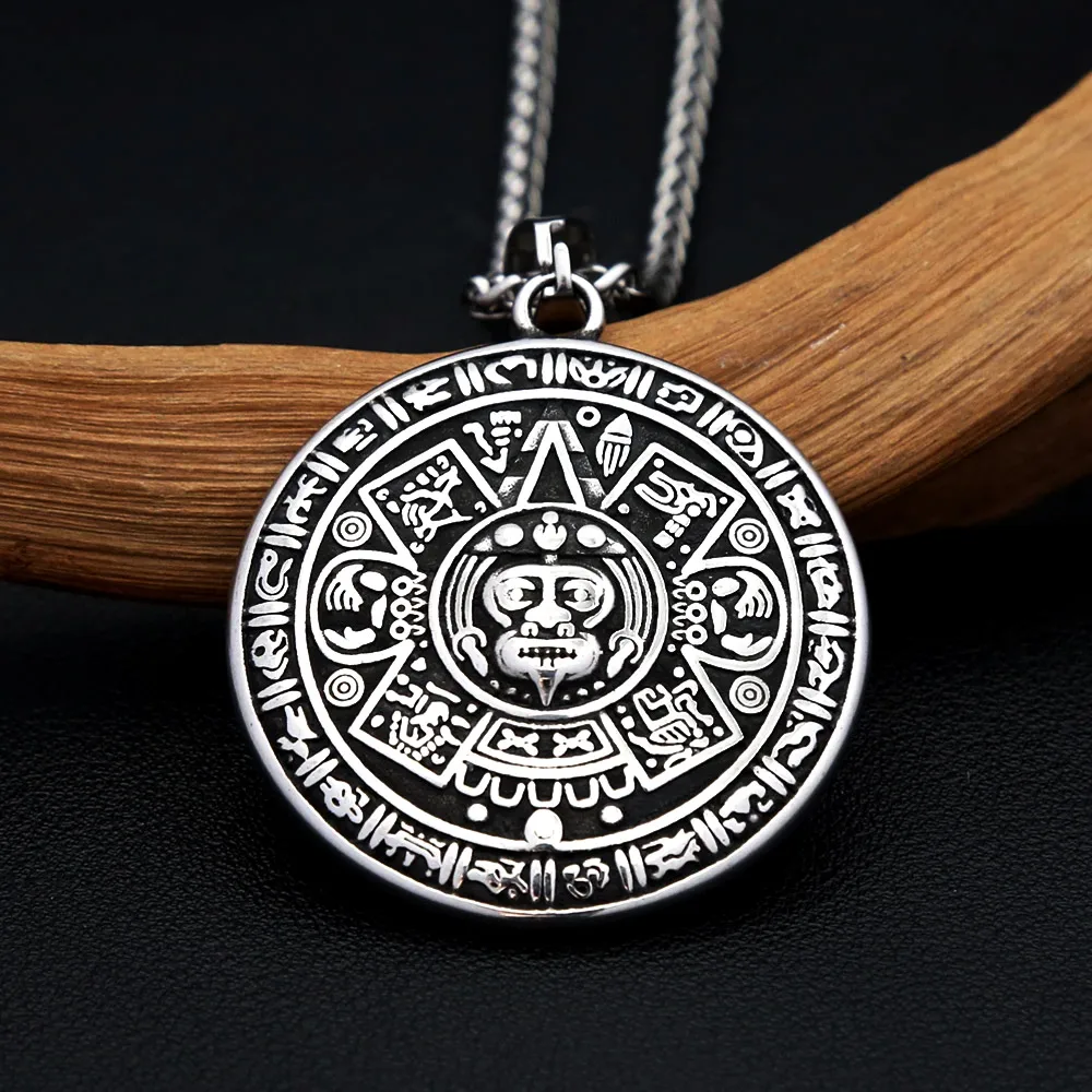 Vintage Mayan Calendar Sun Disc Stainless Steel Pendant Necklace Gothic Punk Hip Hop Aztec Fashion Jewelry Gift For Men Women