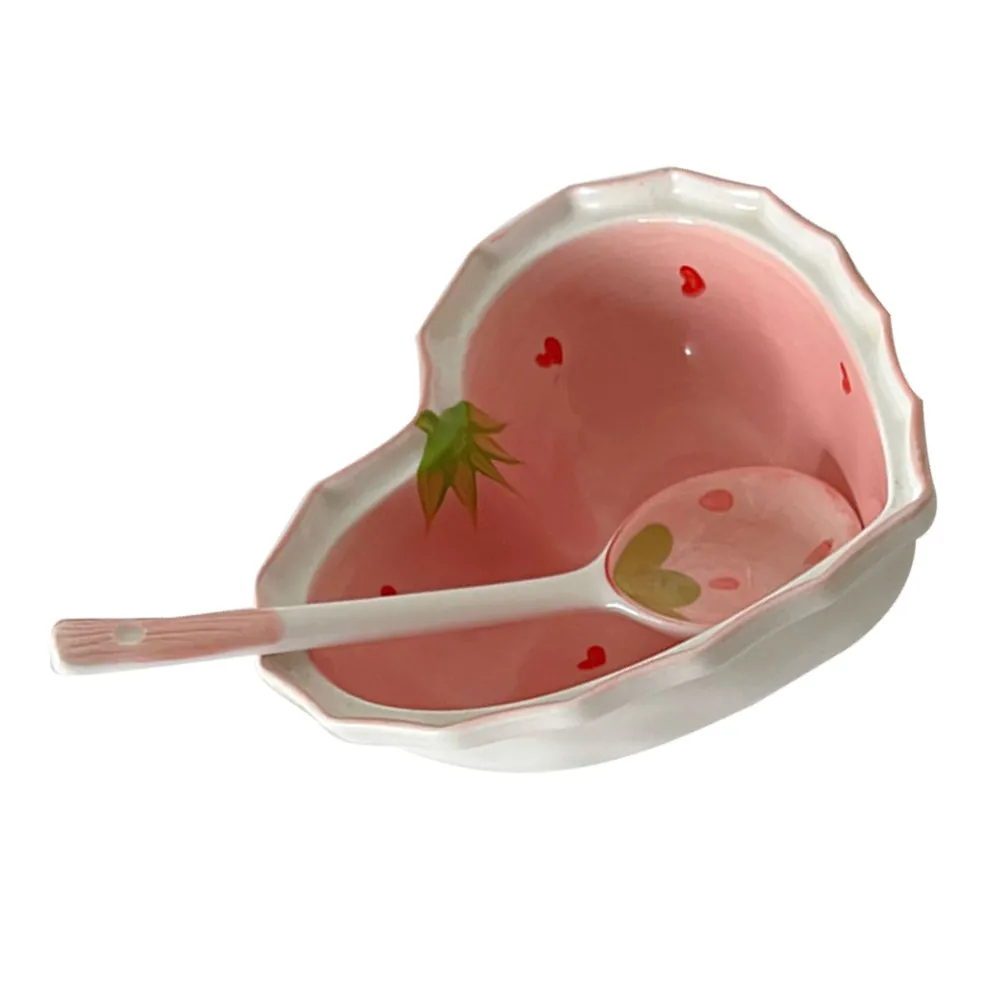 Juego de Tazón y Cuchara de Cerámica en Forma de Corazón, con Lindo Diseño de Fresas, Vajilla para Ensalada, Postre, Cereal y Sopa