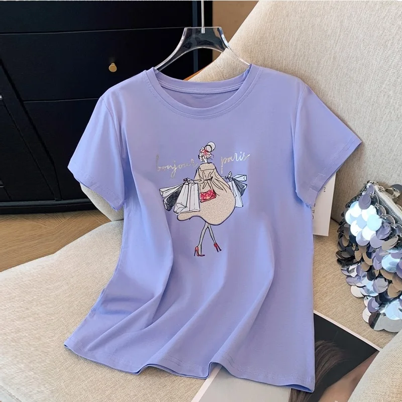 TuangBiang Summer Printed Letters Cartoon2024 New Comfort Short Sleeve Cotton Women O-Neck T-Shirts Loose Casual Ladies BlueTops