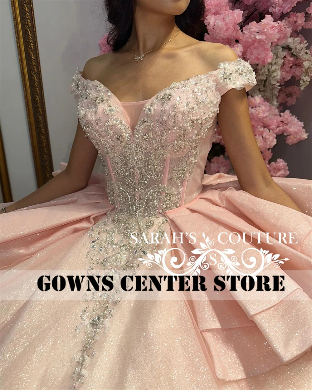 Cute Silver Beaded Off The Shoulder Light Pink Ball Gown Quinceanera Dress Ruffels Mexican Vestidos De 15 Años Customized