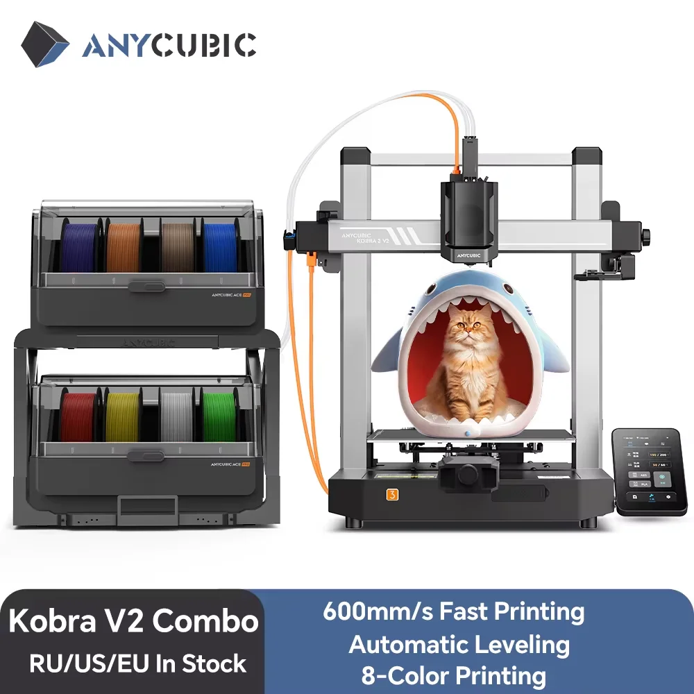 

ANYCUBIC Kobra 3 V2 Combo AE Версия 8 цветов 600 мм/с Быстрая печать 3D-принтер ACE Pro Filament Drying APP Control 3D-принтер