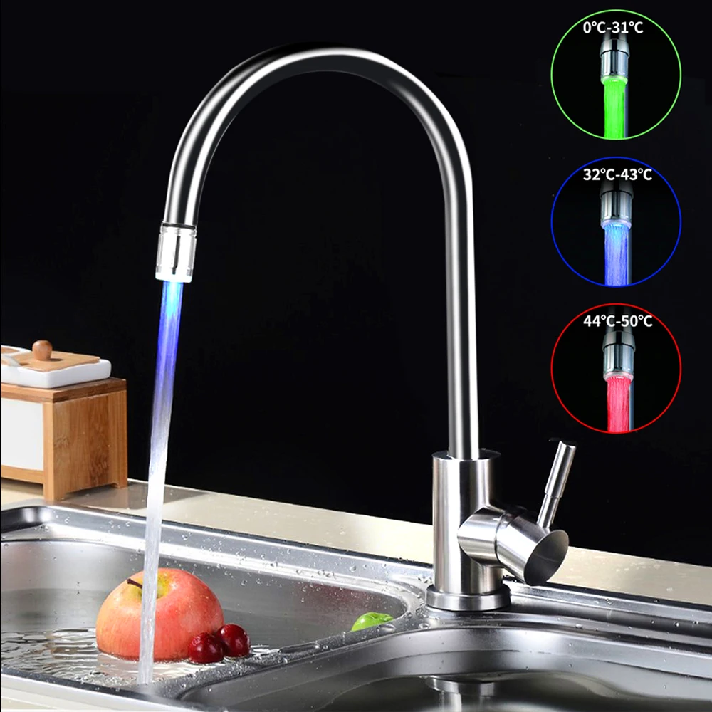 LED Faucet 3-Color Light-up Temperature Sensor Kitchen Bathroom Shower Discolored Glow Faucet Water Saving Nozzle Head