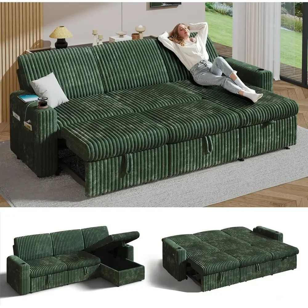 

Corduroy L-Shaped Sleeper Sofa with Pull-Out Bed, Reclining, Storage Chaise, USB Ports, Cup Holders, Easy Assembly, Forest Green