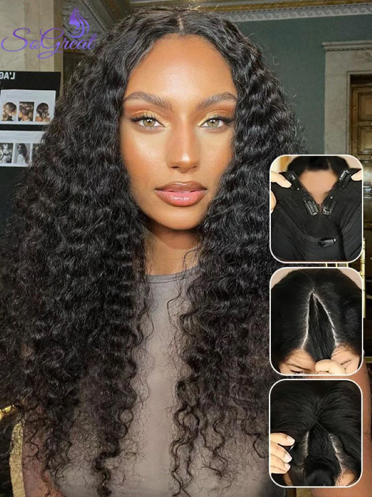 Perruque V-Part Deep Wave 40 pouces en cheveux humains, sans colle, densité 200, bouclée crépue, sans besoin de laisser de cheveux apparents, facile à poser pour débutantes
