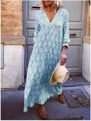 Casual Bohemian Style Beach Dresses For Women Fashion Printed Sexy V-neck Long Sleeve Loose Maxi Dress Vestidos Streetwear 2023