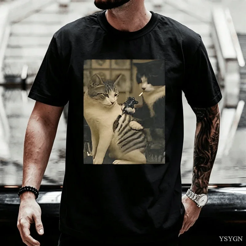 Tattoo Cat Meme T Shirt Casual Cotton Short Sleeve Graphic Tees Streetwear High Quality Casual Men's Clothes Y2k Streetwear