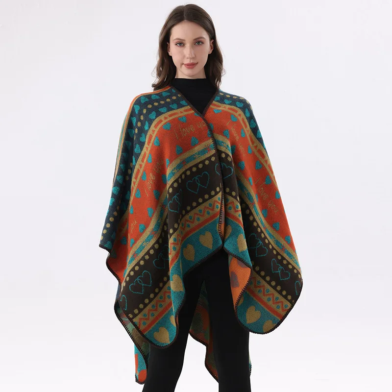 Heart-patterned cape, large blanket naps, knitted shawl women, perfect for vacations and photoshoots