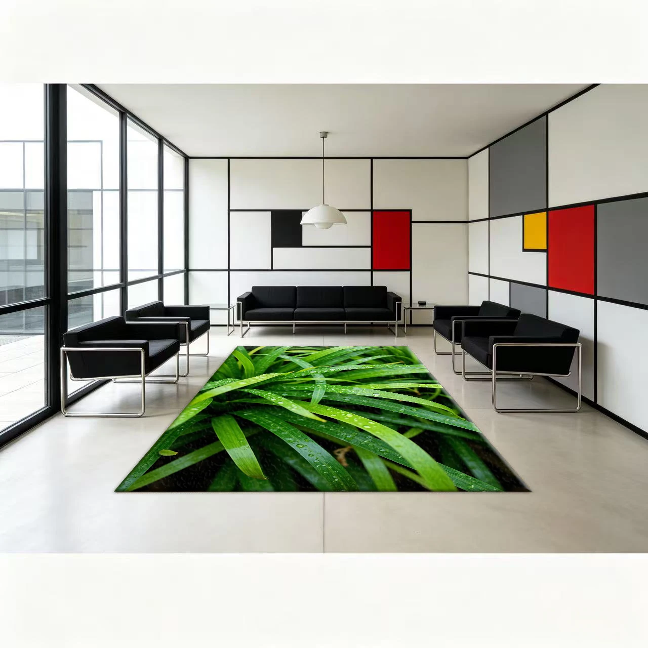 Green Grass Leaf with Dewdrop Rug Natural Plant Print Carpet Non-Slip Floor Mat for Living Room Kitchen Home Decoration