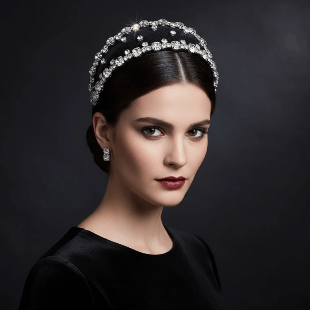Luxury Wedding Tiara Sparkly Rhinestone Headband Glitzy Transparent Mesh Hair Hoop Wide-brim Handmade Baroque Hairband Bride