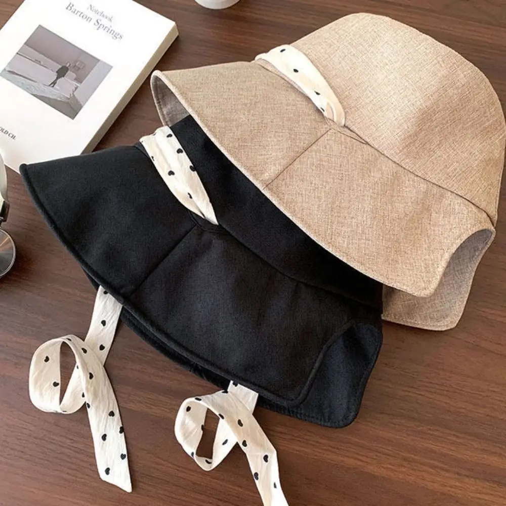 Casual Polka Dot Ribbon Women Fisherman Hat Solid Color Wide Brim Summer Sun Hat Breathable Cotton Bucket Hat Beach