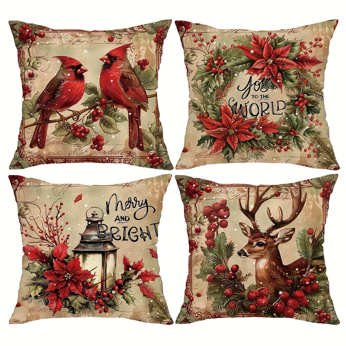4pcs Rustic Cardinal and Deer Wreath Christmas Pillow Covers – Perfect for Farmhouse Holiday Decor on Sofa Porch and Living Room