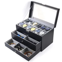 Watch Box 12 Slot Watch Display Organizer & 6 Glasses Organizer Case PU Leather Jewelry Case Drawer Glass Birthday for Men Women