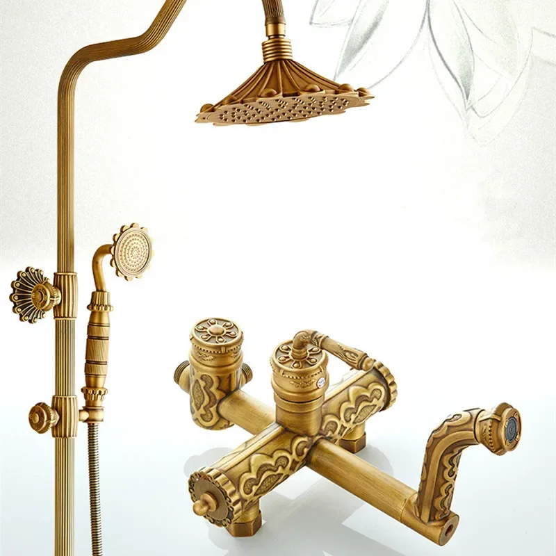 Imagem -03 - Antique Brass Bath Shower System Grupo Torneira do Banheiro Chuva com Cabeça de Pulverização Europa Bronze Torneira Misturadora