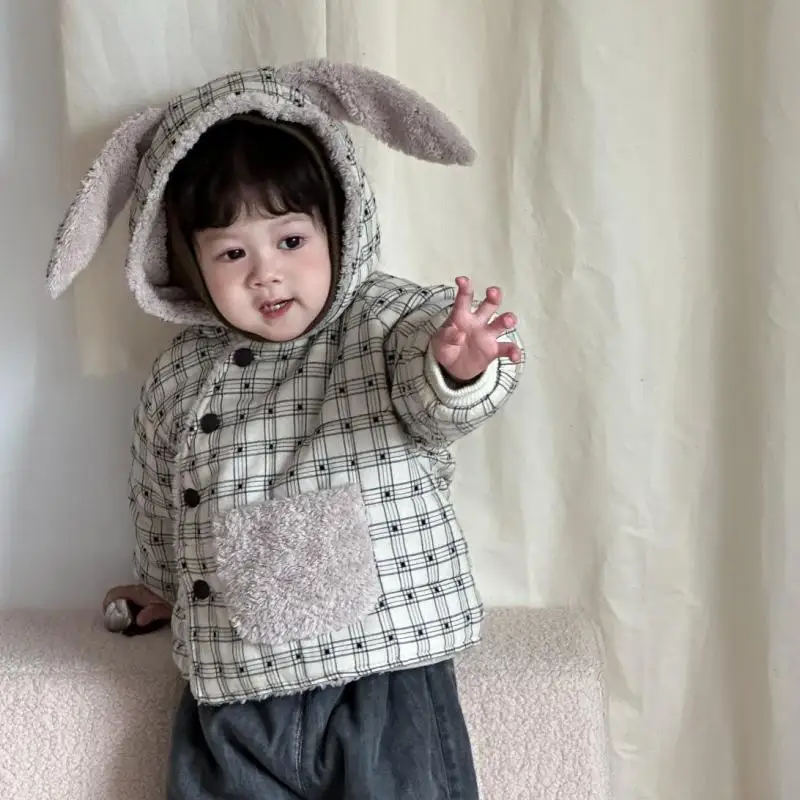 

Теплое пальто с капюшоном для маленьких мальчиков, бархатный толстый клетчатый кардиган для девочек, одежда для малышей, новинка 2025 года, зимняя детская хлопковая стеганая куртка