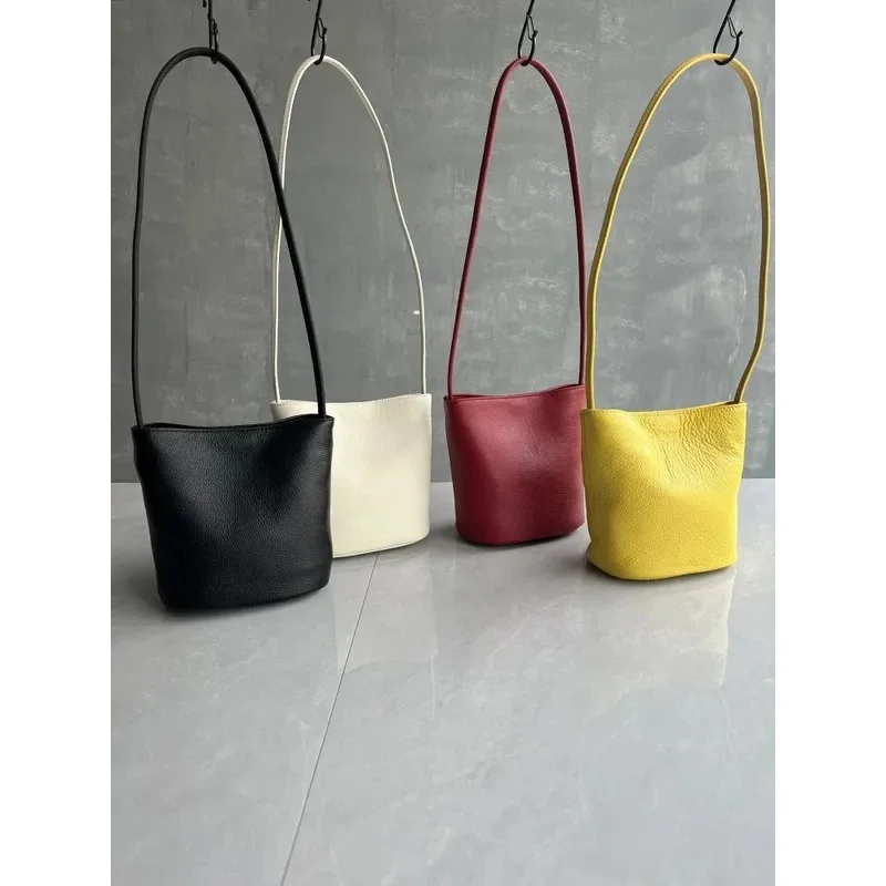 Bucket Bag Women Premium Cowhide Leather Soft Simple Versatile Casual Shoulder Crossbody Bag Durable Design