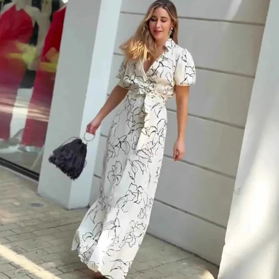 Elegant slim fit short sleeved pure long skirt printed dress for spring 2026