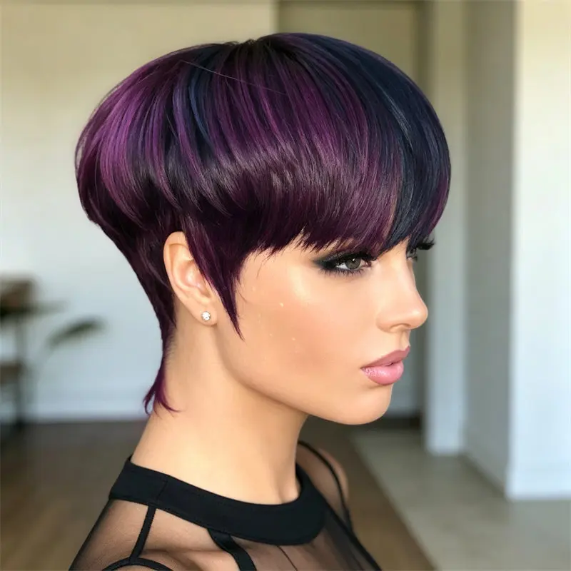 Short Pixie Cut Wig Black Purple Highlight Mullet Wig With Bangs Full Machine Made Wig Natural Silky Hair For Women Daily Party