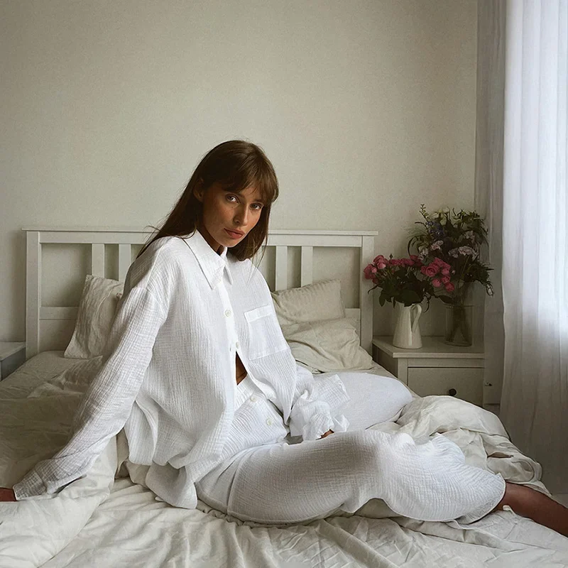 Fmxires pur coton chemise pantalon costume femmes décontracté revers haut plissé pantalon ample maison vêtements ensemble 2025 automne mode dame