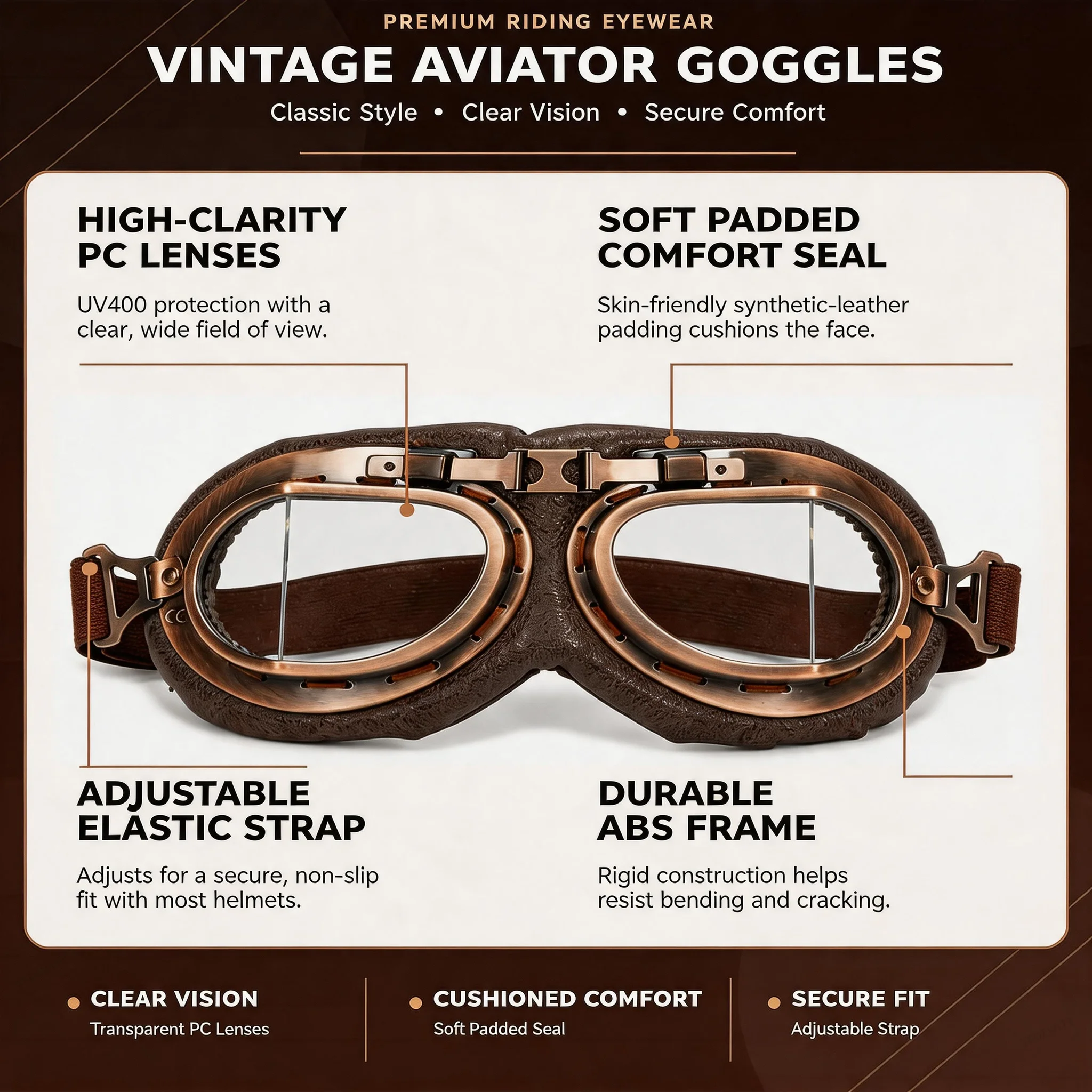 Retro Motorcycle Goggles Glasses Vintage Classic Windproof Goggles for Men Women Harley Pilot Steampunk ATV Bike Copper Helmet