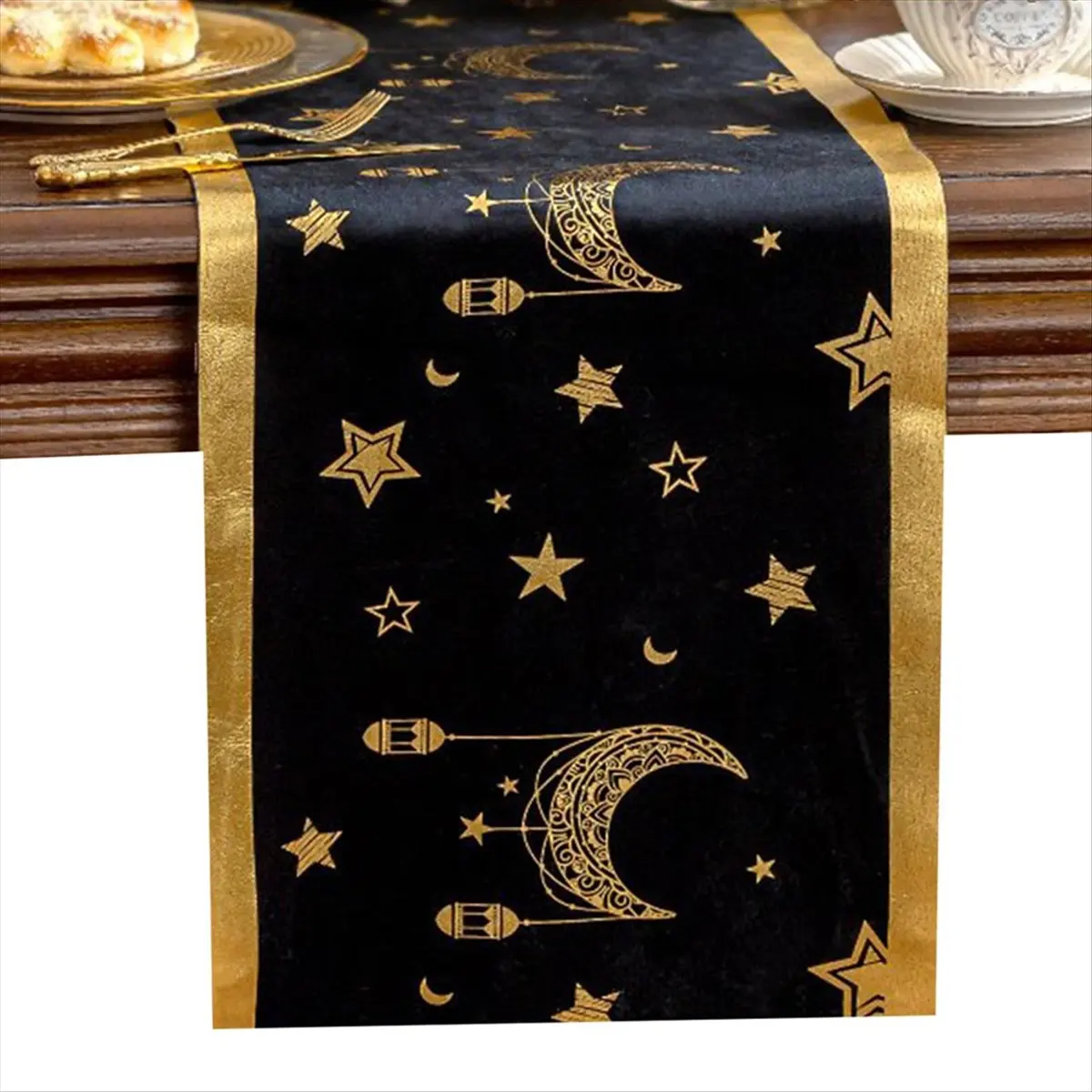 A20I Table Runner Eid Al-Fitr Ramadan Hot Stamping Moon Lantern and Star Table Runner Velvet Table Decoration for Home B