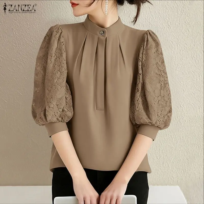 2025 الصيف الدانتيل المرقعة قميص ZANZEA مكتب المرأة بلوزة أنيقة 3/4 كم OL العمل القمم تونك الإناث تونك الوقوف الرقبة Blusas #2