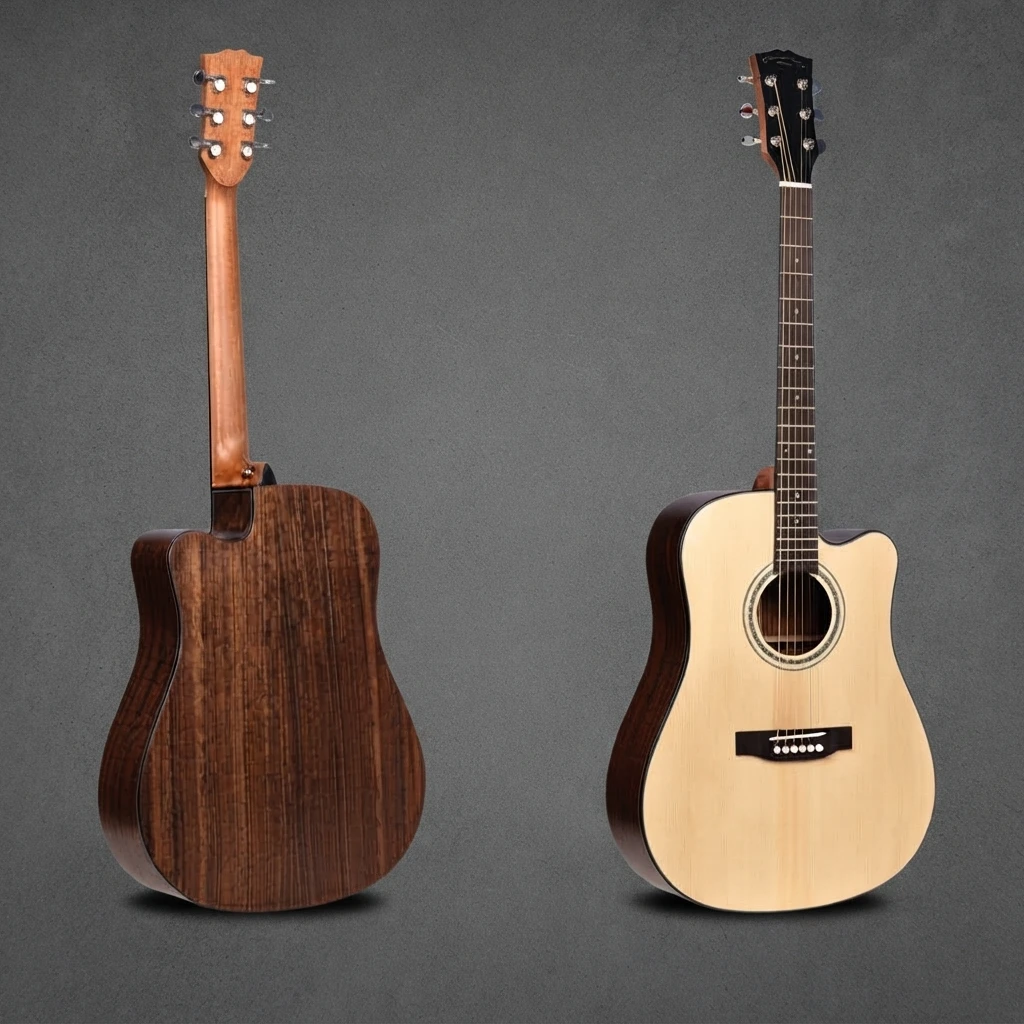 Dreadnought Cutaway Folk Guitar, Solid Top, Dark Fretboard, Gloss Finish, Dot Inlay, Chrome Tuners, 6 Strings for Beginners