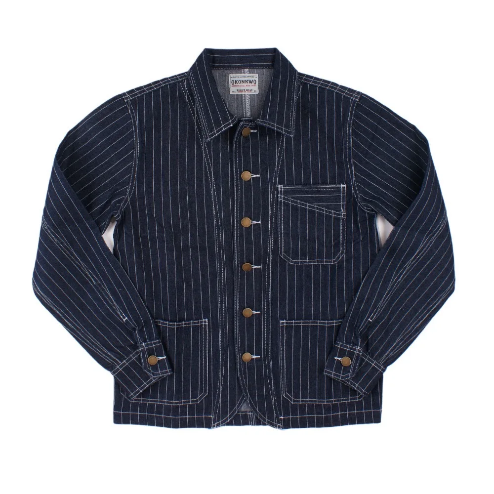 

Men's Denim Jacket Original Color Tooling Railroad Locomotive Vertical Stripes Coat Autumn Winter Unisex Vintage Clothing