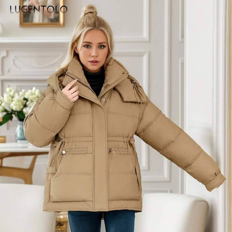 Women Casual Parkas Fall/Winter Midi Thickened Warm Bread Jacket Fashion Hooded Lace-up Waist-cinching Coat Versatile Daily Wear
