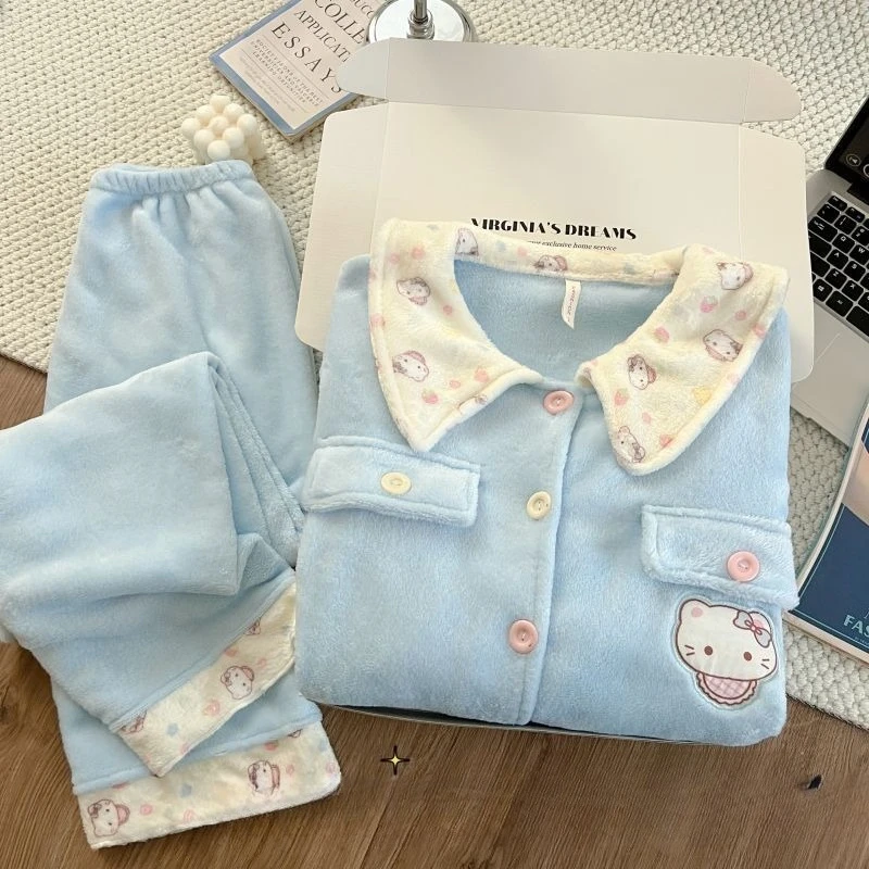 لطيف بلون الفانيلا مرحبا كيتي منامة للفتيات الشتاء طويلة الأكمام بنطلون الكرتون الطلاب المرجان المخملية سميكة الدافئة مجموعة
