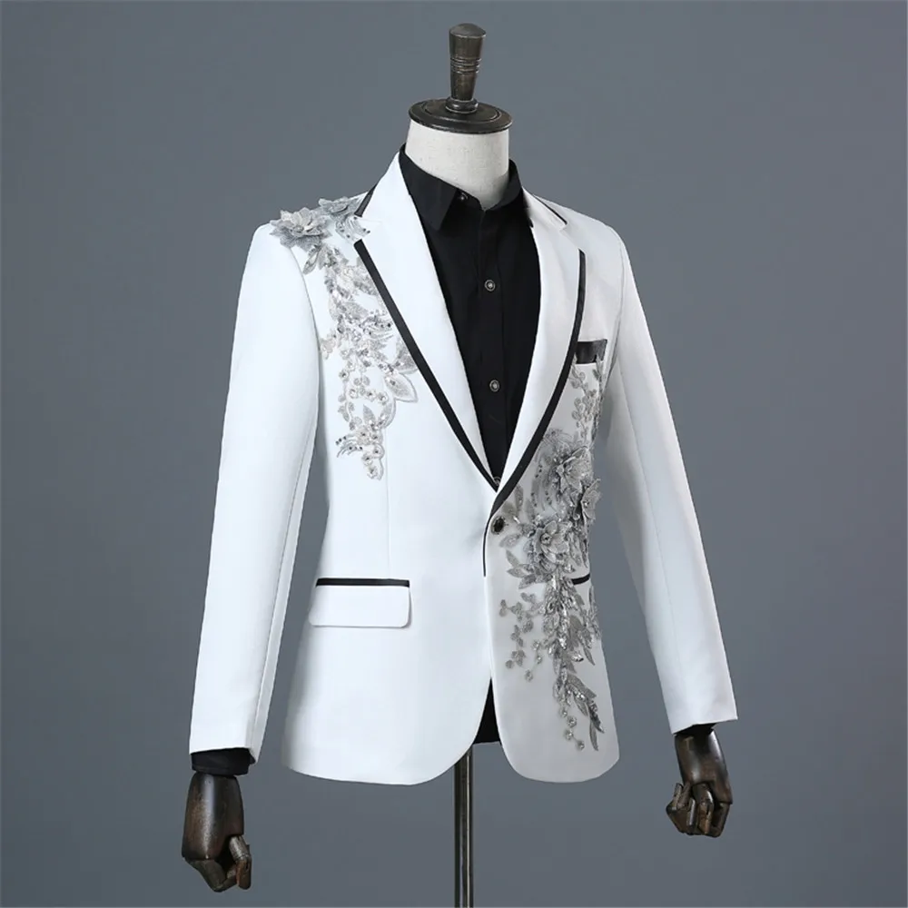 Men White Appliqued Blazer Masculino Chinese Red Costume Homme Pour Mariage Stage Wear