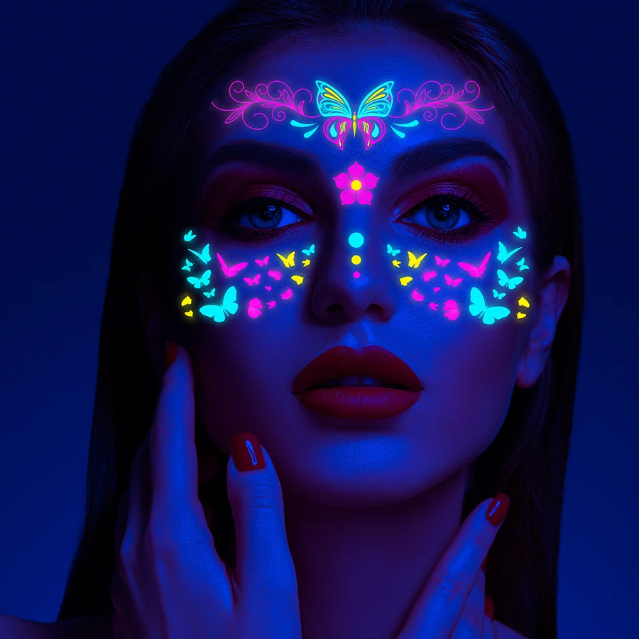 Klub nocny Fluorescencyjna naklejka na twarz Party Butterfly Tattoo Sticker Wodoodporny pasek Światło UV Świecący neonowy tatuaż Festiwal muzyczny