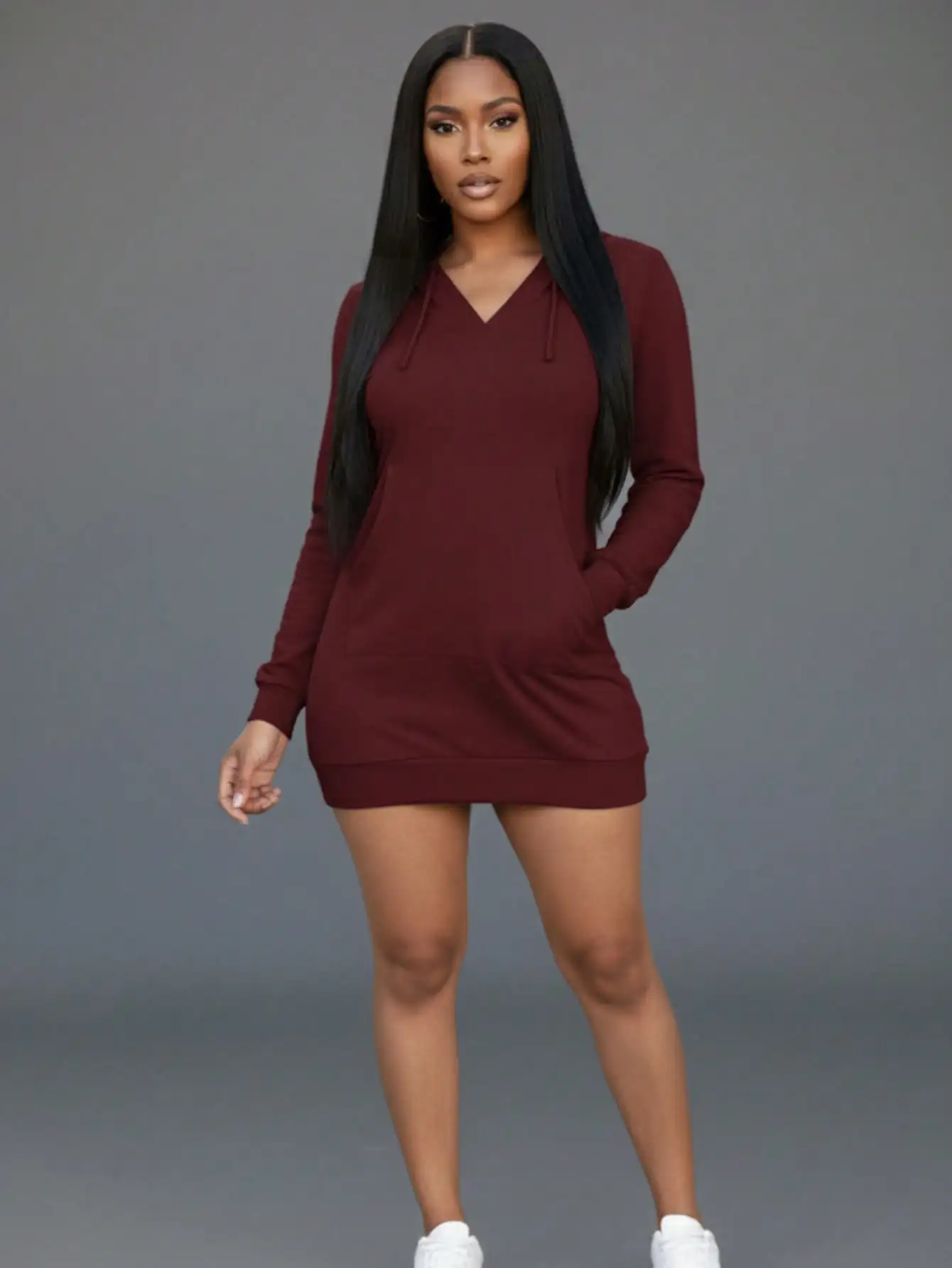 

Женское повседневное платье с капюшоном, длинными рукавами и карманом, однотонное, с V-образным вырезом, мини-длина