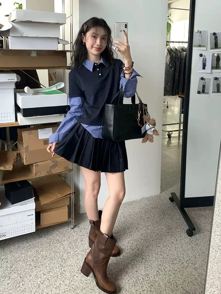 Início do outono faion faculdade sle irt colarinho falso conjunto de saia superior de duas peças sistema coreano conjunto de duas peças feminino ajuste regular