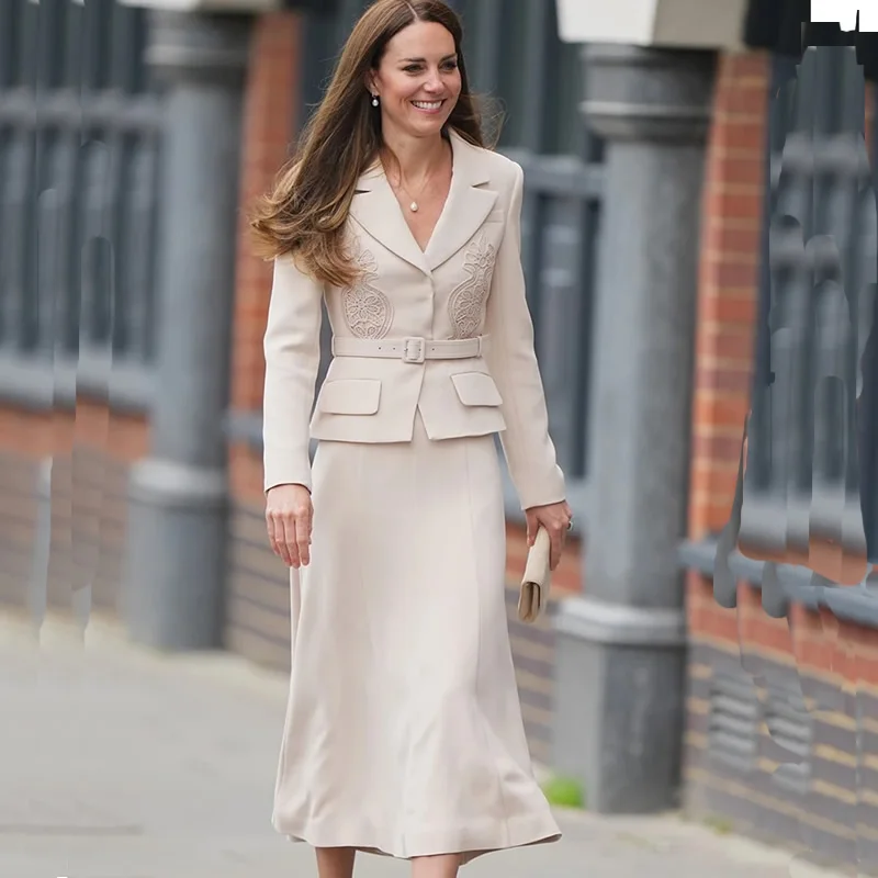 

Princess Kate Long Sleeve Top and Skirt Set for Women, Luxury Embroidery, 81521