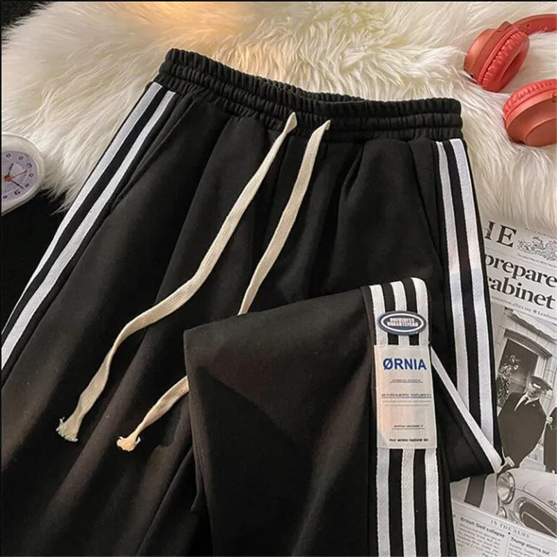 Spring Autumn Trousers 2023 New Loose Fashion Pocket Straight Wide-leg Pants Three-Bar Sports High-Waisted Casual Pants Female