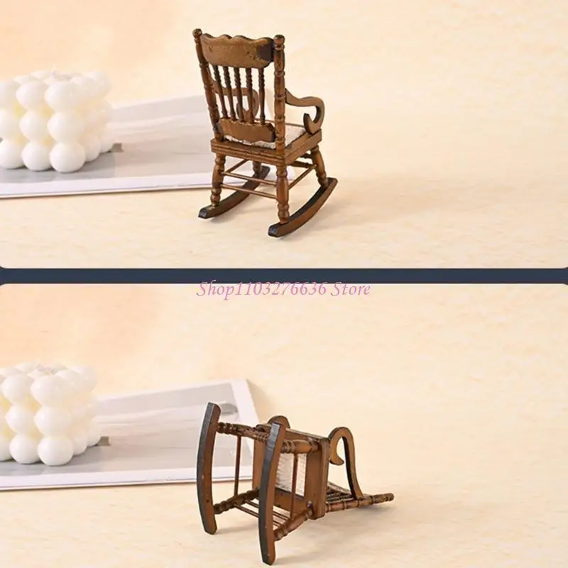 R6FD Small Wooden Rocking Chair Model Figurine Dollhouses Scene Decoration 1/12 Scale Miniature Furniture Landscape Accessory