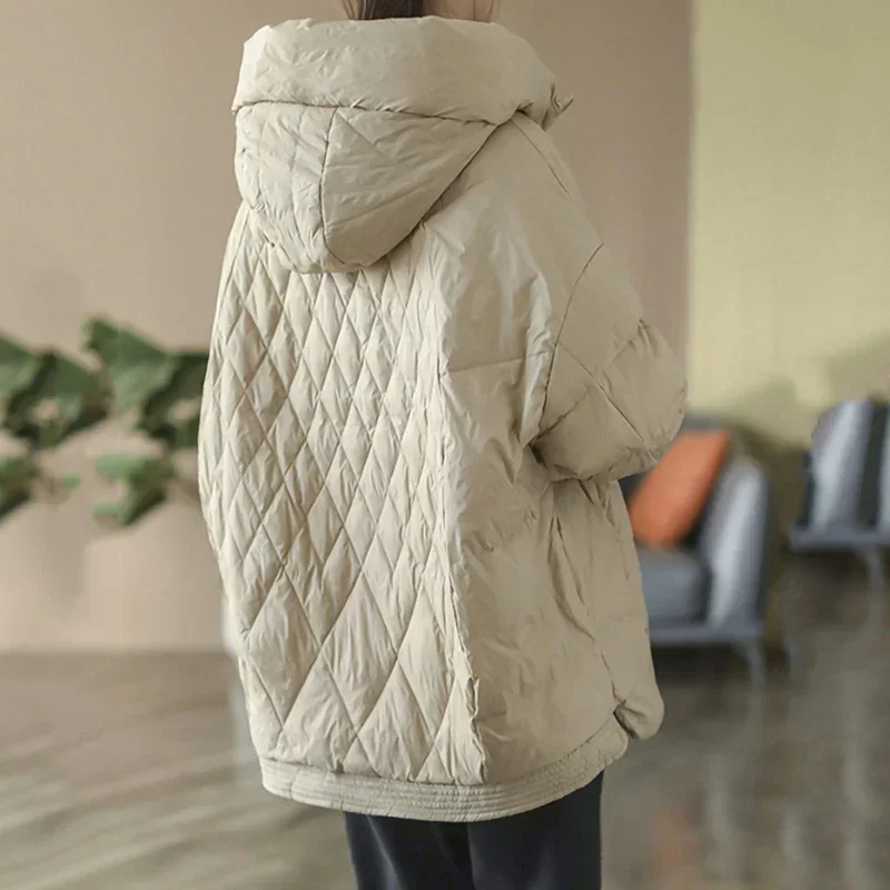 Women Light White Duck Down Jacket Casual Loose Over Size Autumn Winter Outwear with Hood Coat 2024 New Down Jacket Women