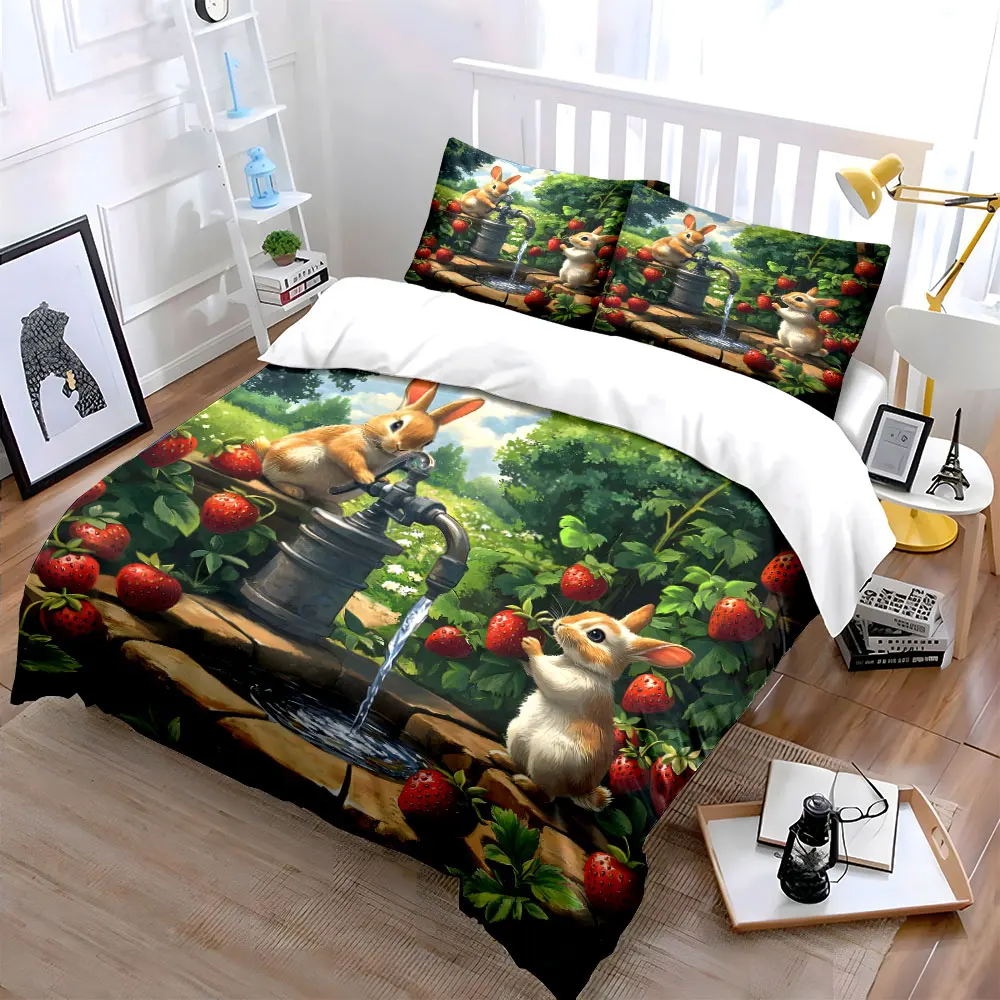 Rabbits and strawberry field fun Pattern Duvet Cover Set Digital Print Colorful Polyester Bedding with Zipper Closur for gifts