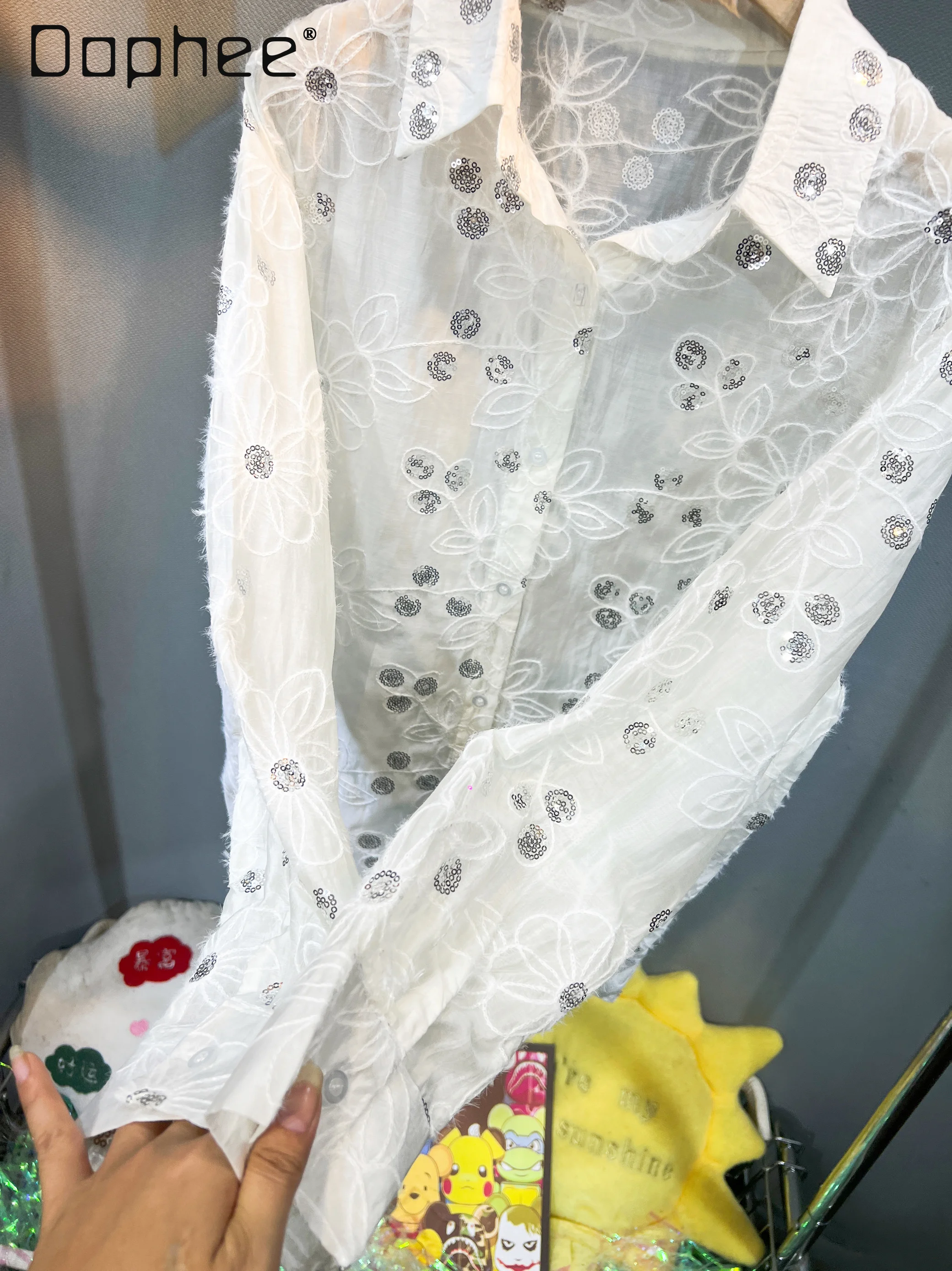 Heavy Industry Embroidered Shirt Women Fashion Sequins Loose Mid-length Versatile Temperament Top Summer Thin Long-sleeved Shirt