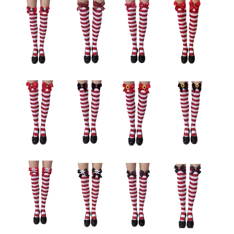 Fashionable Christmas Socks for Women Bowknot Accent Striped Over Knee Stockings Dropshipping